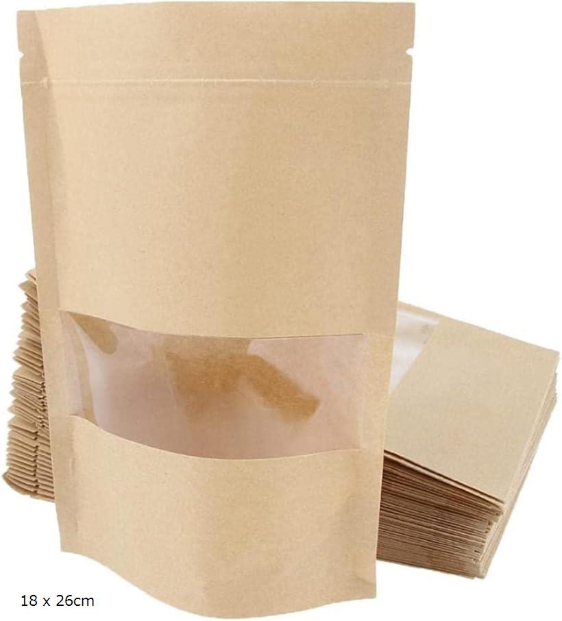 【楽天ランキング1位入賞】窓付き ジップ袋 紙袋 30枚セット クラフト紙 自立 チャック ジッパー 包装 18 x 26cm(ベージュ, 透明, 18 x 2...