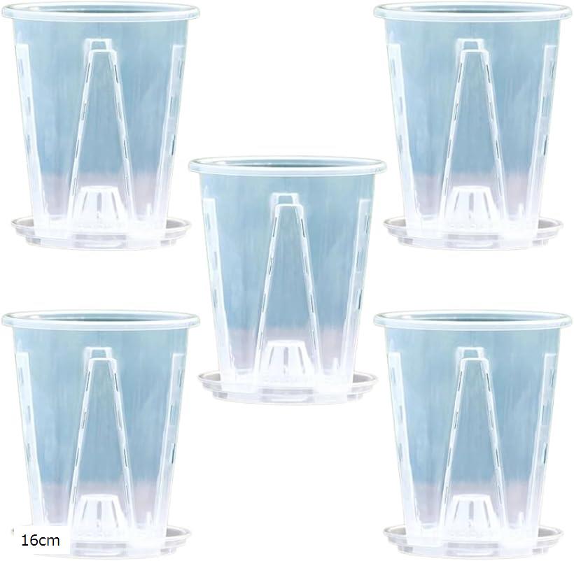 植木鉢 プラスチック スリット鉢 透明鉢 観葉植物 4号 5号 底皿付き 5個セット A (16cm)