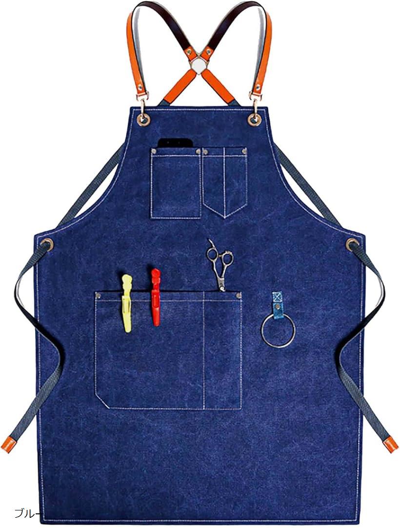 エプロン キャンバス DIY アウトドア ガーデニング 美容師 作業用 キャンプ(ブルー)