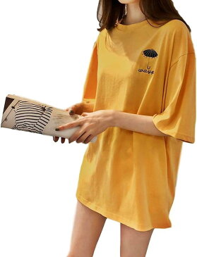 ピコチャーム レディースTシャツUネックゆったりカットソー ビッグシルエットビッグシャツ無地ワンポイントビッグサイズ コットン柔らかカジュアルトップスpc-006(イエロー, XL)