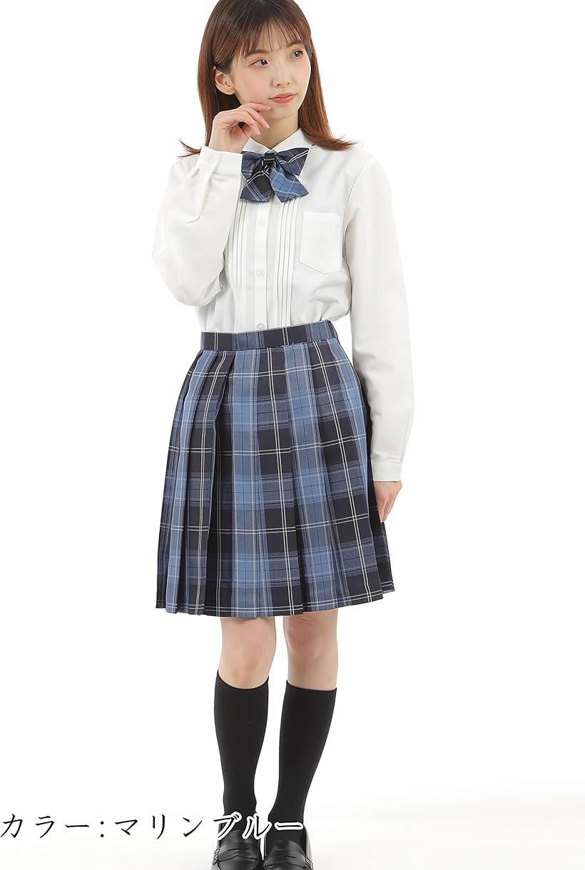 プリーツスカート チェック柄 丈48cm 膝上 スクールスカート 制服 女子高生 e244(マリンブルー, L)
