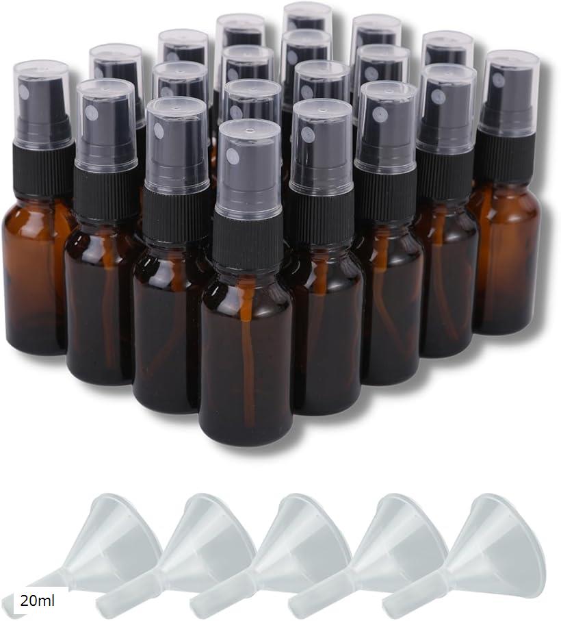 【楽天ランキング1位入賞】遮光瓶 スプレーボトル 精油 アロマオイル 詰め替え 保存用 ガラス製 20本セット ブラウン 漏斗付き(20ml)