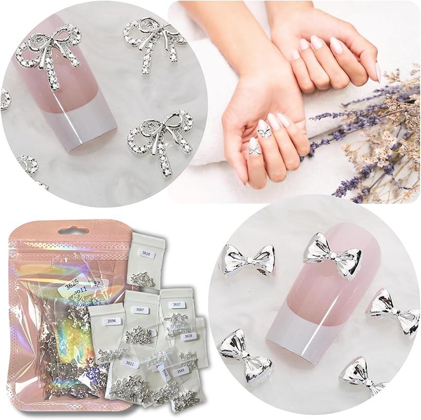 ネイルパーツ リボン シルバー 100個セット 大人フェミニンな3Dミニパーツ10種 ナチュラルカラーx上品..