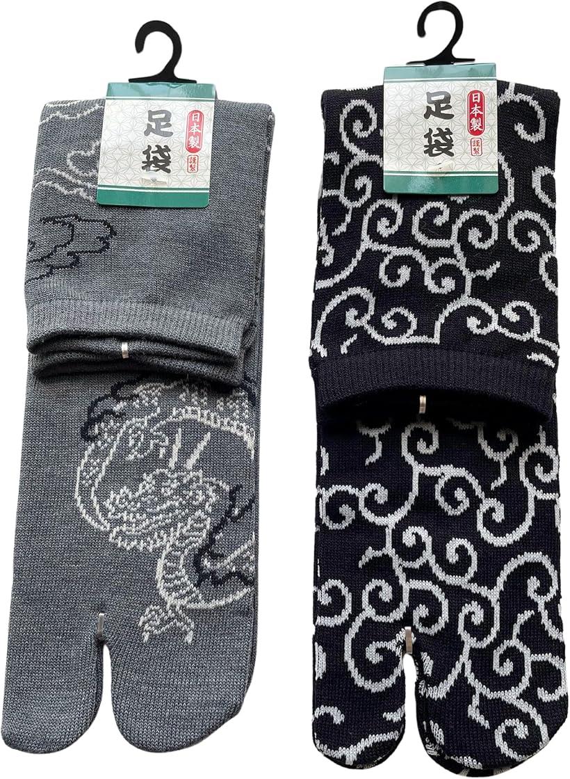 足袋ソックス メンズ 和柄 薄手 日本製 たびソックス 靴下 紳士 龍 唐草 2柄2足セット 色はお任せ (マルチカラー, 25.0-27.0 cm)