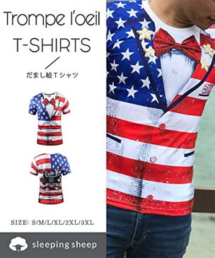 ハロウィン おもしろ フェイク デザイン スーツ 革ジャン 星条旗 プリント 半袖 Tシャツ だまし絵 パーティ 変装 コスチューム 仮装 XL 日本サイズM 半袖T 星条旗柄(半袖T(星条旗柄), XL(日本サイズM))