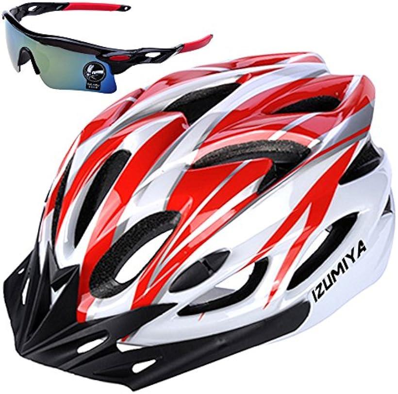 IZUMIYA 自転車 ヘルメット ロードバイク クロスバイク サイクリング 大人 超軽量 高剛性 大人用 サングラス セット ホワイト レッド 