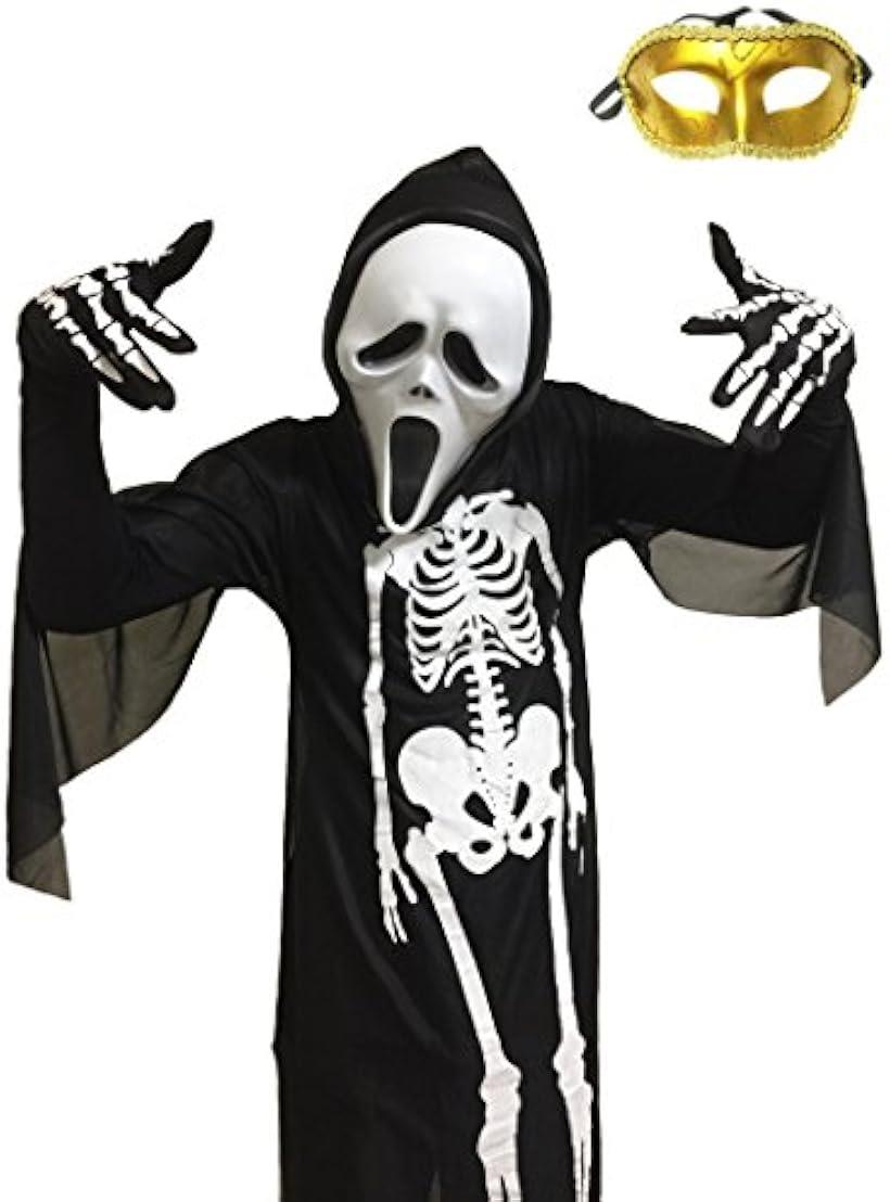 戦慄のハロウィン スクリーム 死神 4点セット ホラーマスク＋衣装＋手袋＋ベネチアンマスク コスチューム 男女共用 フリーサイズ S114( 黒, フリーサイズ)のサムネイル