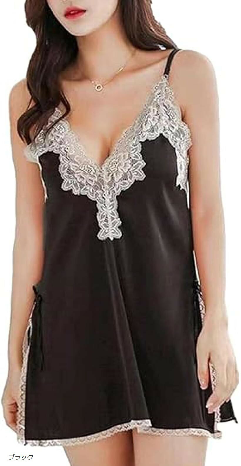 ランジェリー ベビードール 胸元あき サテン レース セクシー スリット コスプレ (ブラック)