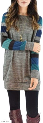 レッドレイ 長袖 ボーダー ニット チュニック レディース トップス Tシャツ 大きいサイズ(グレー/ブルー, L) レッドレイ 長袖 ボーダー ニット チュニック レディース トップス Tシャツ 大きいサイズ(グレー/ブルー, L)