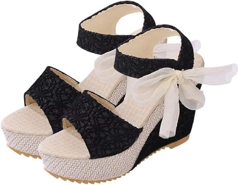 [Kaenarie] (カエナリエ) レディース 厚底 ウェッジソール サンダル レース 花柄 切替 リボン プラットフォーム ヒールサンダル オープントゥ (37(23.5-24.0), ブラック)のサムネイル
