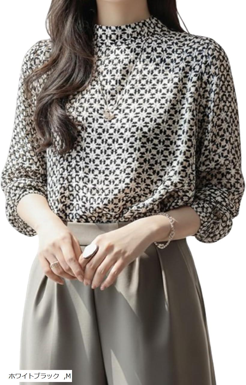 ブラウス レディース 長袖 幾何学柄 スタンドカラー シフォン 通勤 仕事 オフィス 上品 体型カバー (ホワイトブラック, M)(4)