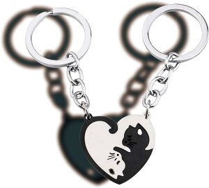 猫 キーホルダー ペア カップル キーリング ネコちゃん ステンレス製 プレゼント(黒と銀色)