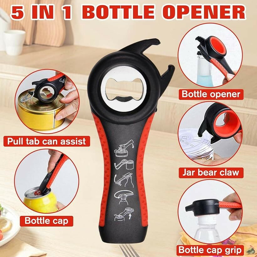4個セット オープナー 多機能 5-in-1ペットボトルオープナー 缶切り 栓抜き ワインの栓抜き 滑り止めジャーオープナーグリッパーパッド