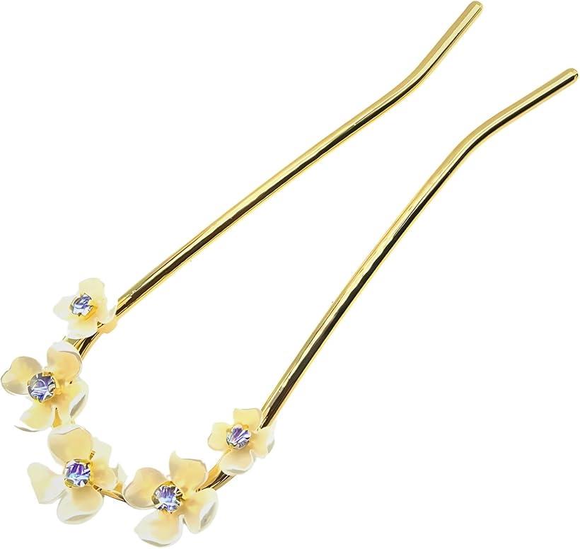 ミャオミャオ 簪 かんざし バチ型 髪飾り 和装 留袖 着物 金属 キュービックジルコニア フラワー 梅の花 白梅 花びら U字 コーム ヘアアクセサリー ゴー...