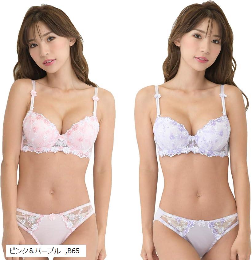 レディース ブラ ブラジャー ショーツ 下着 上 セット 女性 カップ 取り外し( ピンク＆パープル, B65)