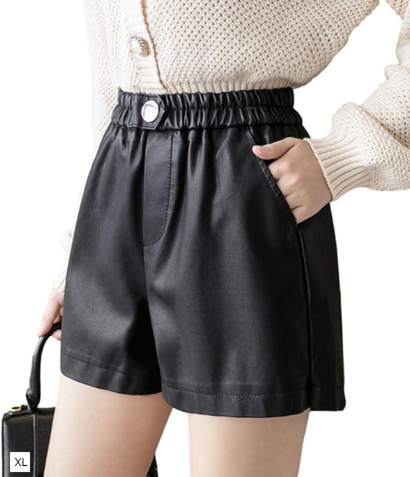 スロウアンドメロウショートパンツ レザー調 Aライン レディース XL (ブラック, XL)
