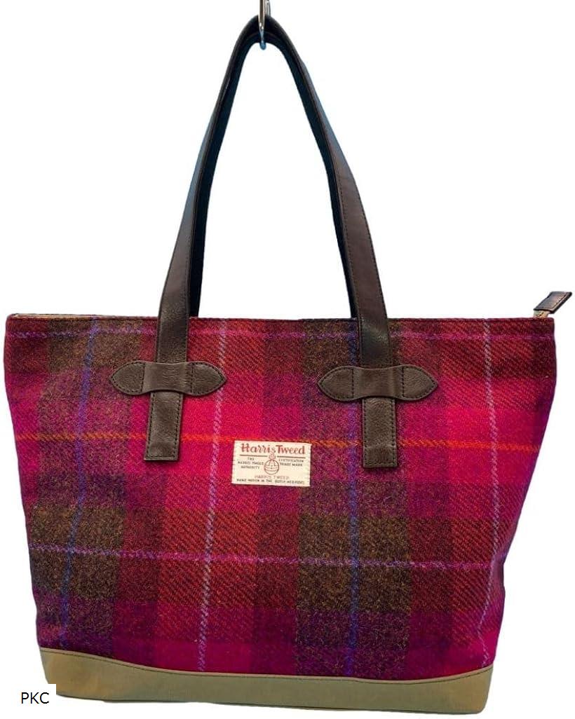 Harris Tweed ハリスツイードxパラフィン帆布の横型トート、牛革付属、天ファスナー付き WG2422-PKC (PKC)