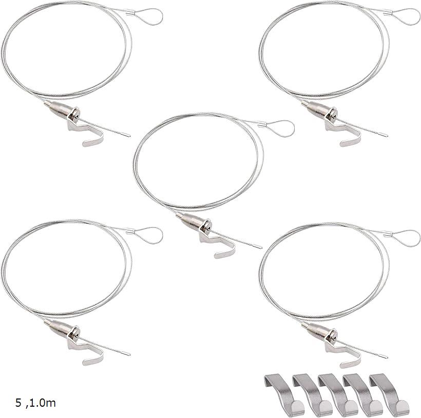 【全品P5倍★楽天大感謝祭】ピクチャーレール ワイヤー ワイヤーロープ 絵画 壁掛け 金具 5個(シルバー, 1.0m)