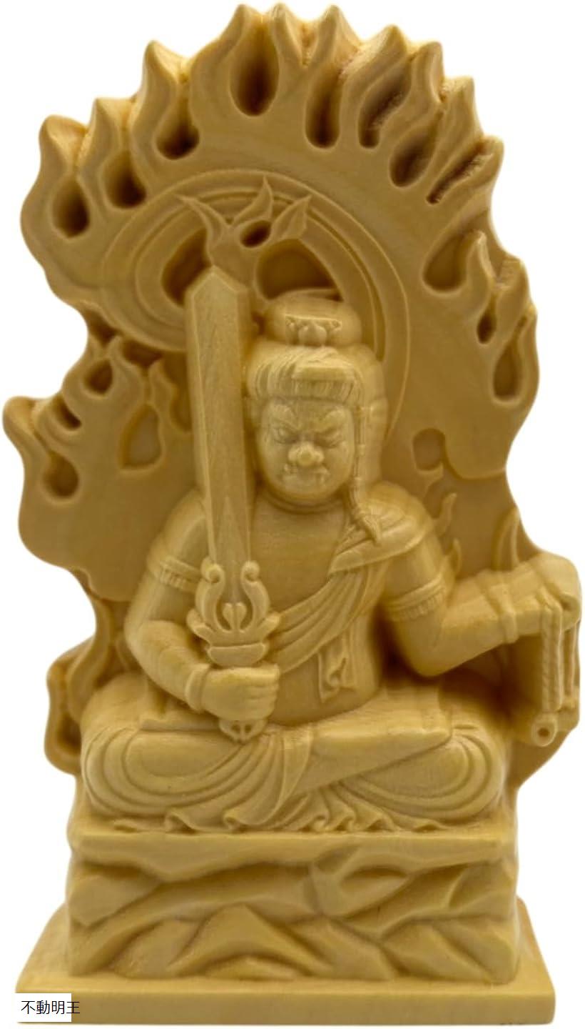 ミニ 仏像 木彫り 不動明王 千手観音 阿弥陀如来 木製 オブジェ ミニサイズ 彫刻 仏具 置物 コンパクト (不動明王)