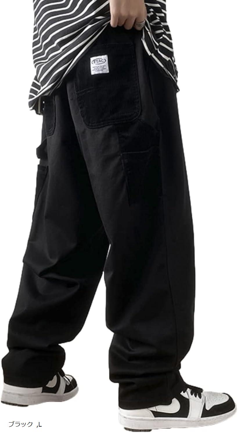 メンズ ワイドパンツ ゆったり ズボン おしゃれ ロングパンツ カジュアル ウエストゴム 無地 カーゴパンツ 冬 春 大きいサイズ(ブラック, L)