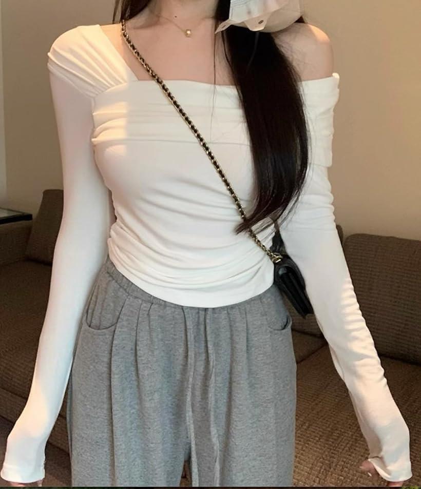レディース 肩出し ドレープ 長袖 カットソー トップス 無地 ロンT カジュアル オフ ショルダー (ホワイト, M)