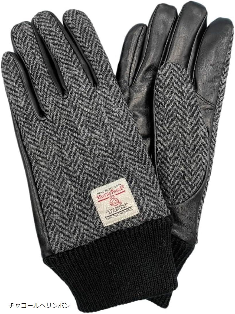 ハリスツイード HARRIS Tweed x羊革手袋 メンズ ニットカフス スマホ対応 裏ボア チャコールへリンボンHBGL011 CGYH (チャコールへリンボン, M)(4)