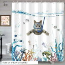 シャワーカーテン 猫 防水 防カビ 目隠し 可愛い ユニットバス お風呂カーテン バス用品 海水浴 小窓 アニマル 180cmx200cm(ブルー, 丈180 cm x 幅200 cm (2枚組))(3)