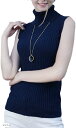 タートルネック ノースリーブ リブニット セーター ハイネック トップス レディース(ネイビー, Free Size)