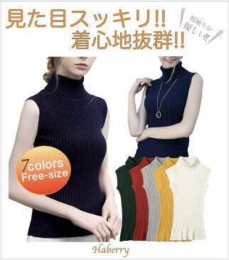 タートルネック ノースリーブ リブニット セーター ハイネック トップス レディース(グレー, Free Size)