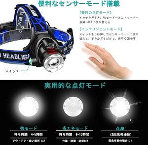 LED ヘッドライト 充電式 センサー ヘッドランプ 防水機能 3モード高輝度LED 単眼ライト 作業灯 登山 釣り ランニング 夜釣り キャンプ ヘルメットライト PSE認証 18650リチウムイオン電池 2本付属通販格安セール情報 楽天 通販