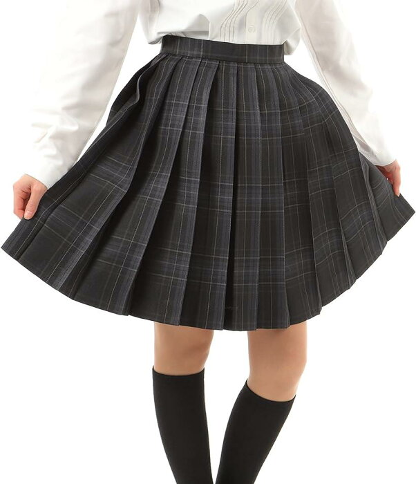 プリーツスカート チェック柄 丈48cm 膝上 スクールスカート 制服 女子高生 e244(カーボングレイ, S)