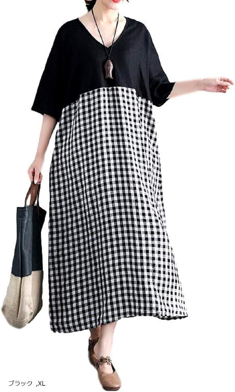 ニブンノイチスタイル 袖 あり 夏 ドルマン バイ カラー チェック ワンピース レディース 黒(ブラック, XL)