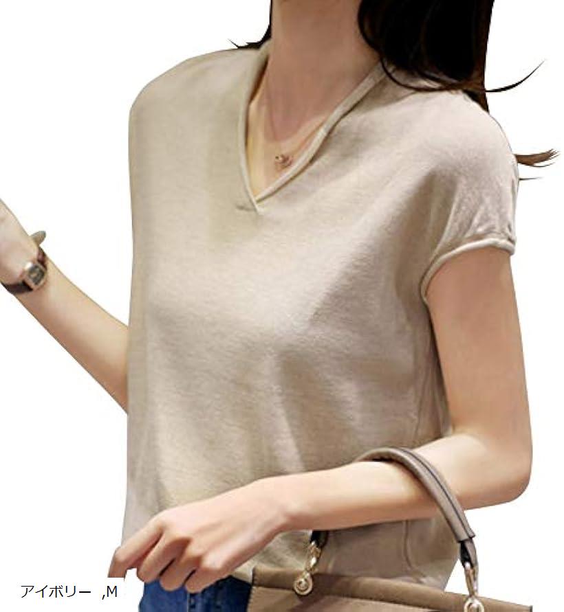 サマーセーター Vネック フレンチスリーブ 半袖 カットソー レディースファッション レディース服 オシャレな服 おしゃれレディースファッション 可愛い 可愛い服 ファッションレディース vネックセーター 韓国(アイボリー, M)のサムネイル