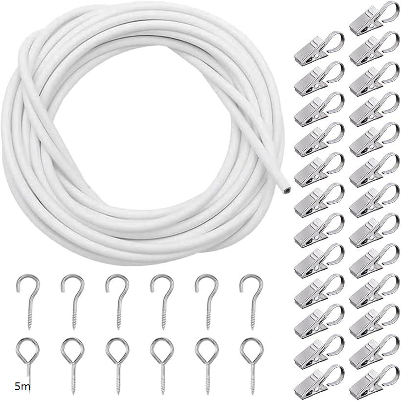 カーテンレール クリップ ワイヤーロープ 吊り下げ (ホワイト（フック・クリップ付き）, 5m)