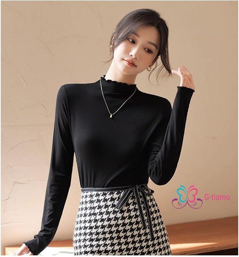 ジーティアモ 薄手 ハイネック タートル インナー メロー シャツ 無地 カットソー レディース トップス 長袖 秋冬 重ね着 ブラウス タートルネックシャツ しゃつ たーとる はいねっく 透け 感 着回し 力 伸縮(ブラック, M)