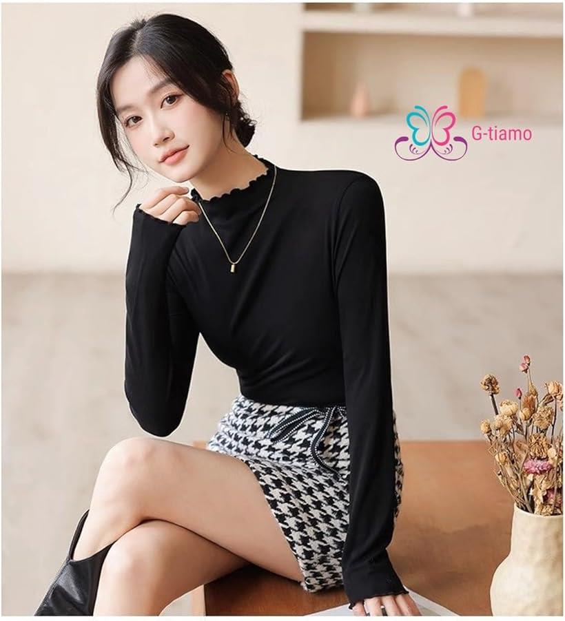 ジーティアモ 薄手 ハイネック タートル インナー メロー シャツ 無地 カットソー レディース トップス 長袖 秋冬 重ね着 ブラウス タートルネックシャツ しゃつ たーとる はいねっく 透け 感 着回し 力 伸縮(ブラック, M)