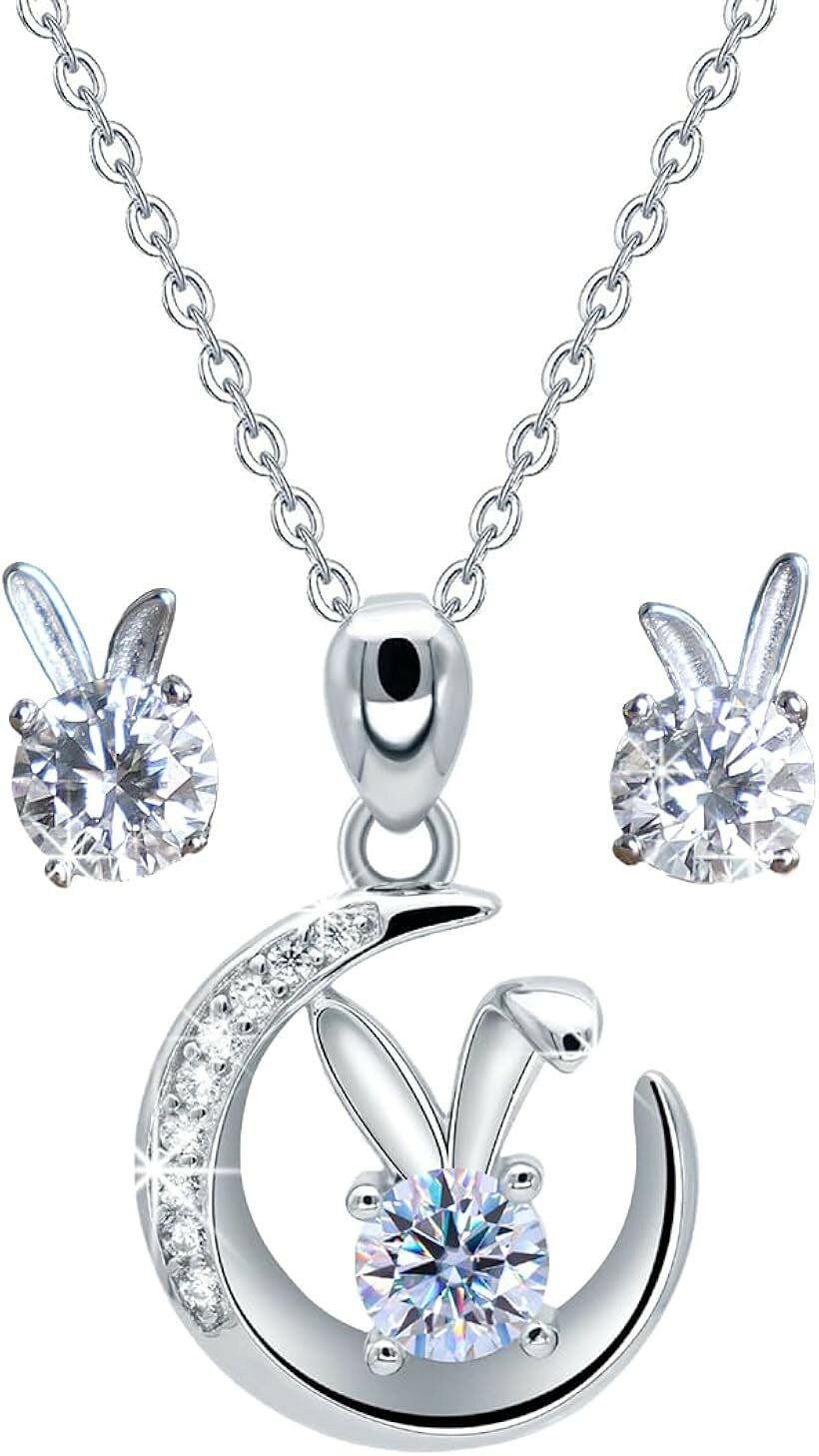 Rhinestone - ネックレス レディース ジュエリー モアッサナイト ペンダント 0.5ct シルバー925 5層プラチナコーティング ギフト クリスマス 人気 ギフトBOX (Colorgrade：D(月うさぎネックレス・ピアスセット), 0.5ct)