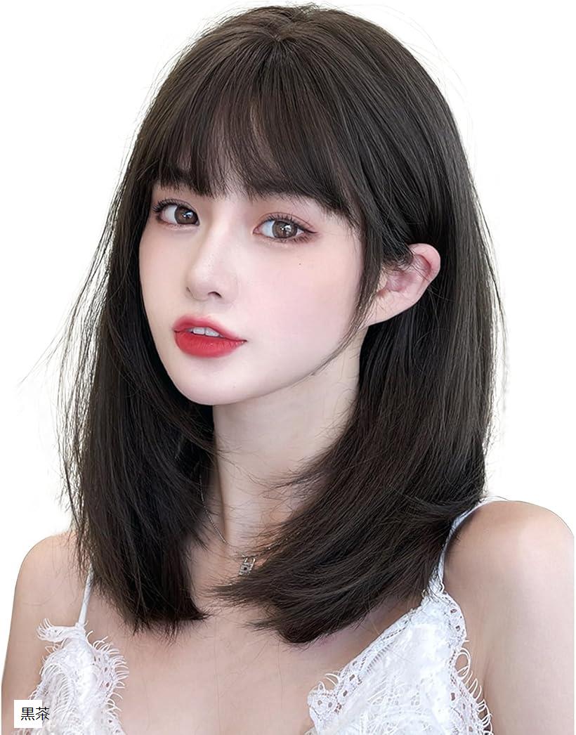 ウィッグ セミロング ストレート フルウィッグ 女性 かつら ウイッグ コスプレ 女装 wig 小顔 耐熱 ネット ボックス付(黒茶)