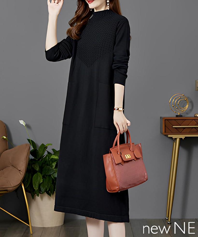 ニューネ ビックポケット ニットワンピース ミドル丈 ハイネック ゆったり 体型カバー 秋 冬 長袖 ロング シンプル カジュアル 無地 タートルネック フォーマル ゆるニット 上品 ミモレ丈 4A4A-W15-BKM(ブラック, M)