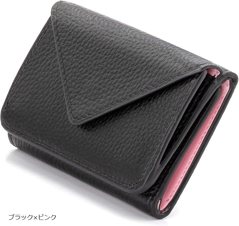 itsu 三つ折り財布 ミニ 小さめ コンパクト レディース メンズ レザー 本革 カード入れ 人気 ブランド プレゼント ブラックxピンク(ブラックxピンク)