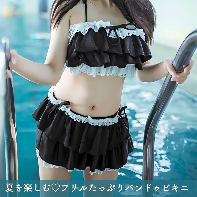 バンドゥビキニ フリル 水着 セパレート ロリータ 萌え水着(ブラック, M)