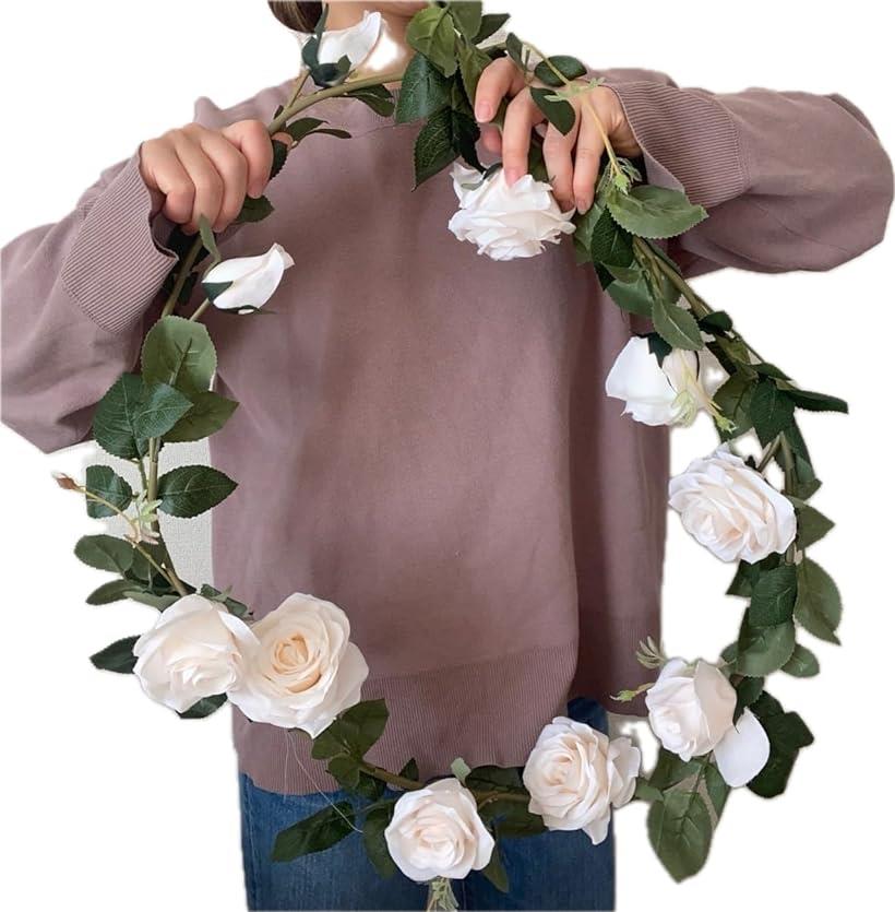 Lumierechat バラ 薔薇 ローズ 造花 シルクフラワー フラワー ガーランド 装飾 デコレーション a-8096 1.8m/ホワイト 