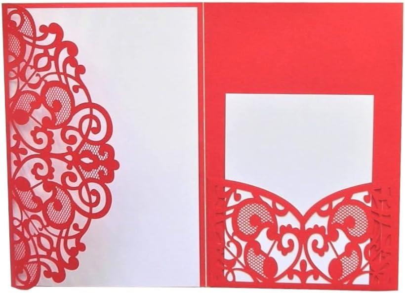 C-POSH メッセージカード グリーティングカード レーザーカット ポケット付き 三つ折り レース風 封筒 白紙カード付き 結婚祝い パーティー (赤)