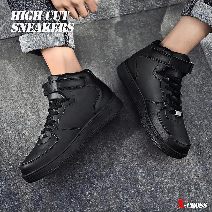 クロス カジュアルスニーカー ハイカット メンズ シューズ 厚底 大人 合皮 アウトドア ストリート かっこいい 無地 シンプル 靴 おしゃれ 韓国 ファッション(ブラック, 25.0 cm)