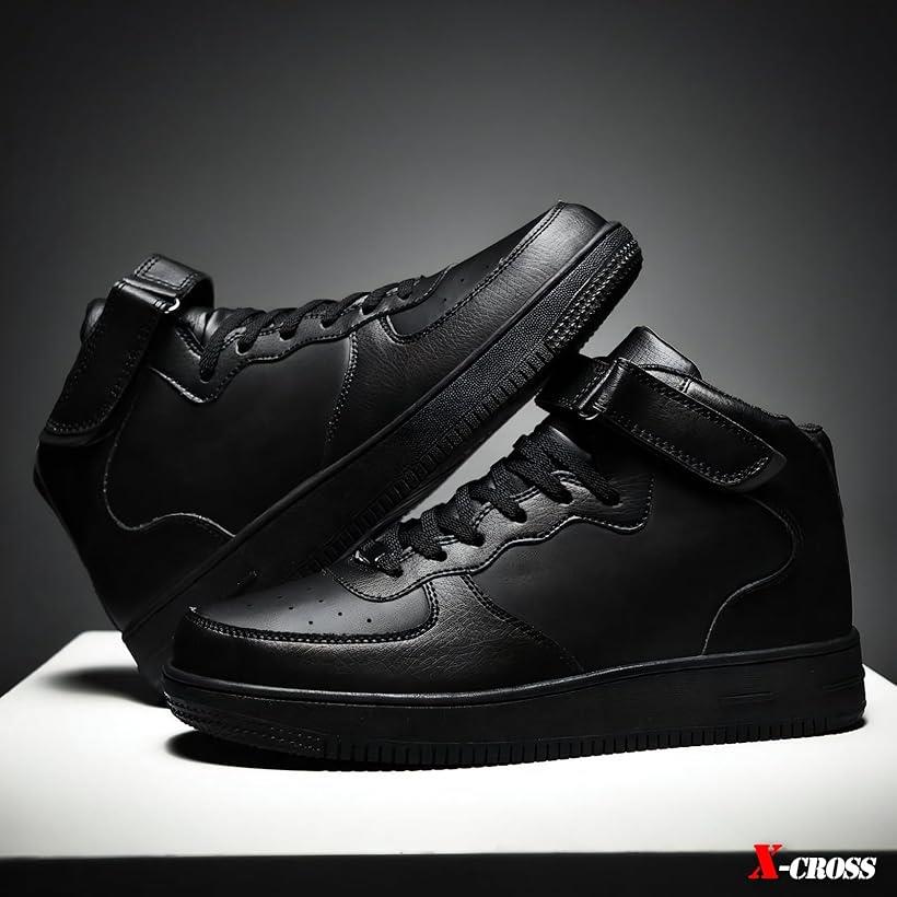 クロス カジュアルスニーカー ハイカット メンズ シューズ 厚底 大人 合皮 アウトドア ストリート かっこいい 無地 シンプル 靴 おしゃれ 韓国 ファッション(ブラック, 25.0 cm)