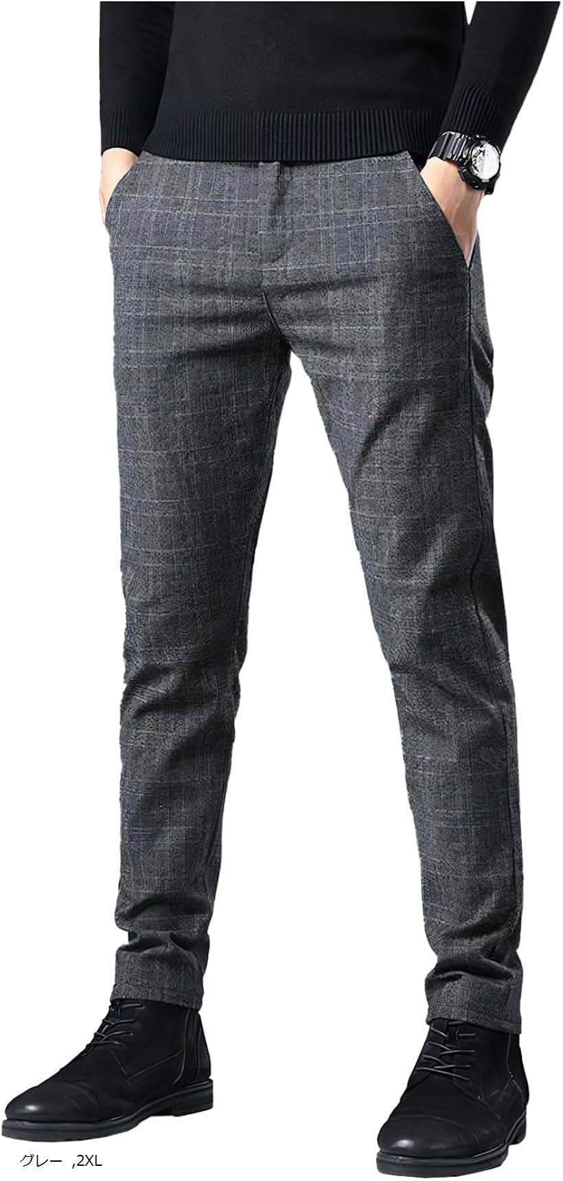 クロス チノパン メンズ 大きいサイズ 裾上げ済み スラックス ビジネス ノータック ビジネスパンツ ストレート 仕事着 カジュアル ズボン 通勤 ファスナー オシャレ ポリエステル 格子柄 オフィス ビジカジ(グレー, 2XL)