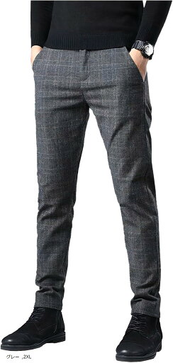 クロス チノパン メンズ 大きいサイズ 裾上げ済み スラックス ビジネス ノータック ビジネスパンツ ストレート 仕事着 カジュアル ズボン 通勤 ファスナー オシャレ ポリエステル 格子柄 オフィス ビジカジ(グレー, 2XL)
