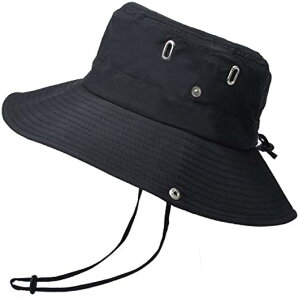 アウトドア 帽子 サファリハット フリーサイズ 日よけ 撥水 つば広 通気構造 オシャレ 速乾 紐付き(ブラック, Free Size)