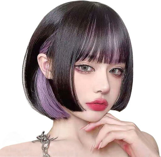 ウィッグ ボブ ショート フルウィッグ グラデーション 自然 姫カット インナー紫 ウィッグ ボブ ショート フルウィッグ グラデーション 自然 姫カット インナー紫