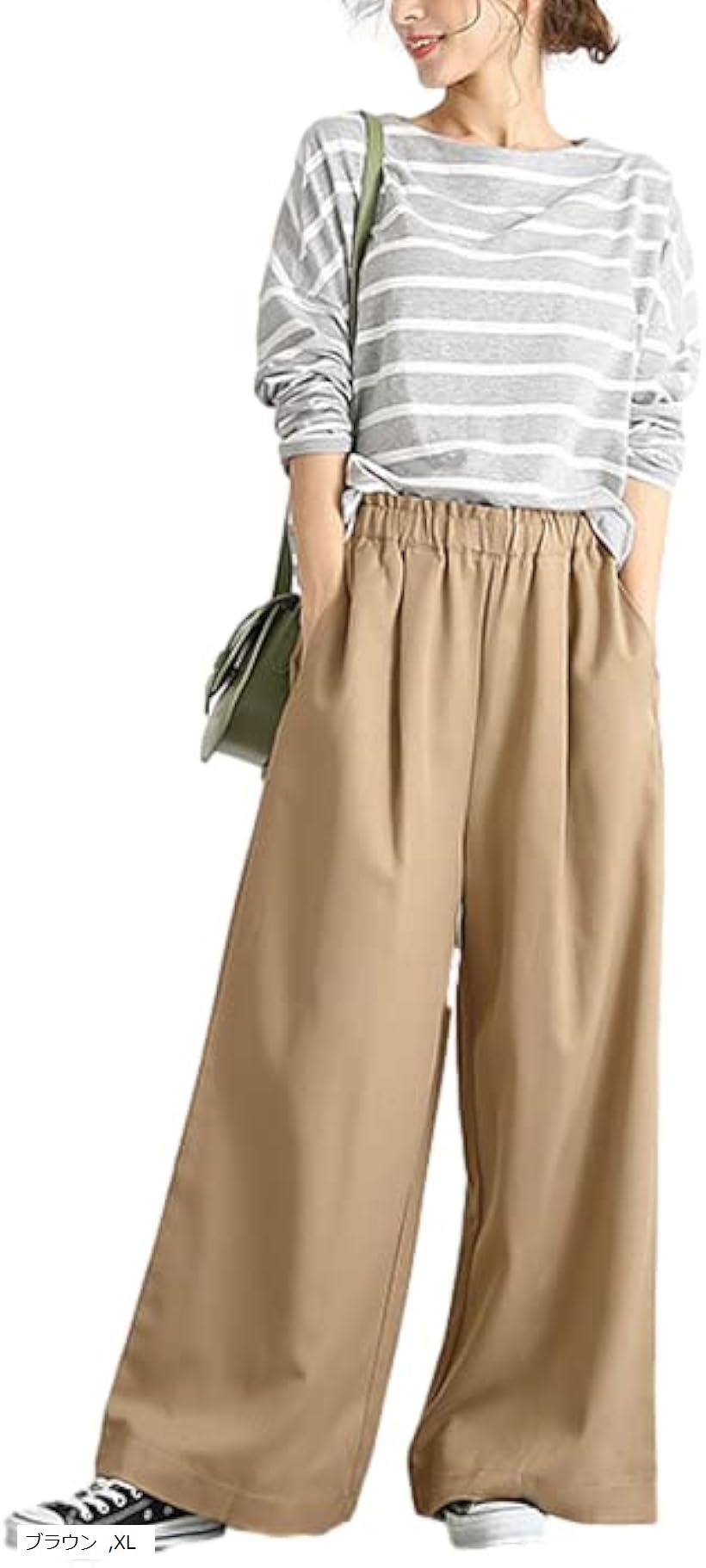 ワイドパンツ レディース 春夏 ガウチョパンツ ウエストゴム 大きいサイズ (ブラウン, XL)